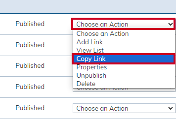 choose action menu, copy link