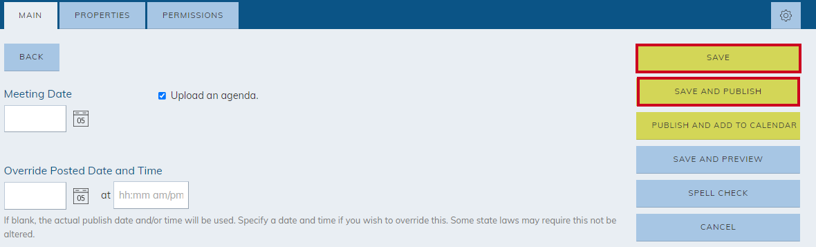 save or save and publish buttons