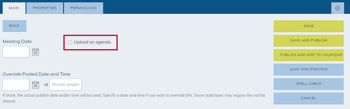 upload an agenda checkbox