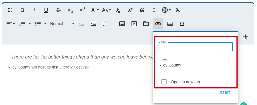 The Link tool's URL and Text fields. The Open in new tab checkbox, when enabled, will make the linked text open its link in a new tab whenever the link is clicked.