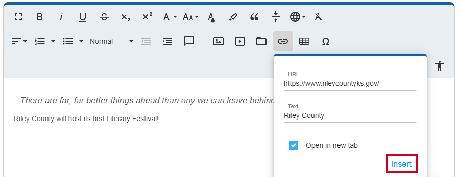 The Link tool's insert button adds the link to the Editor Widget's text editor.