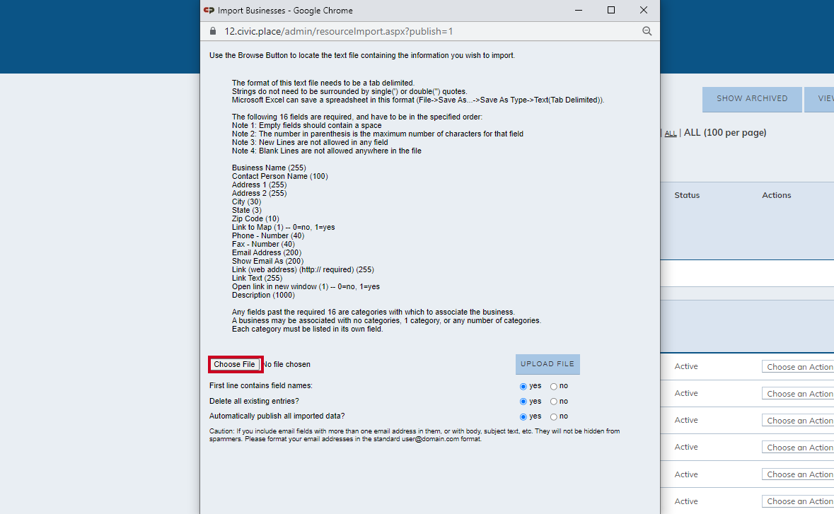 Web Central Resource Directory Import Items choose file button.