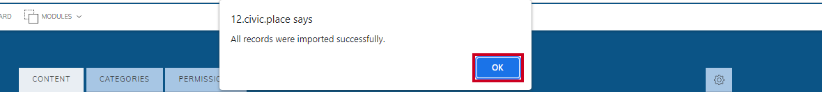 Post-upload Confirmation dialog reading All Records were imported successfully.