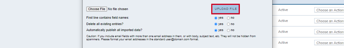 Web Central Resource Directory Import Items Upload file button.