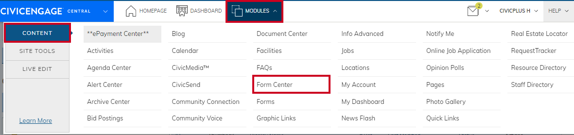 The CivicEngage Central's navigation bar for the Form Center module.