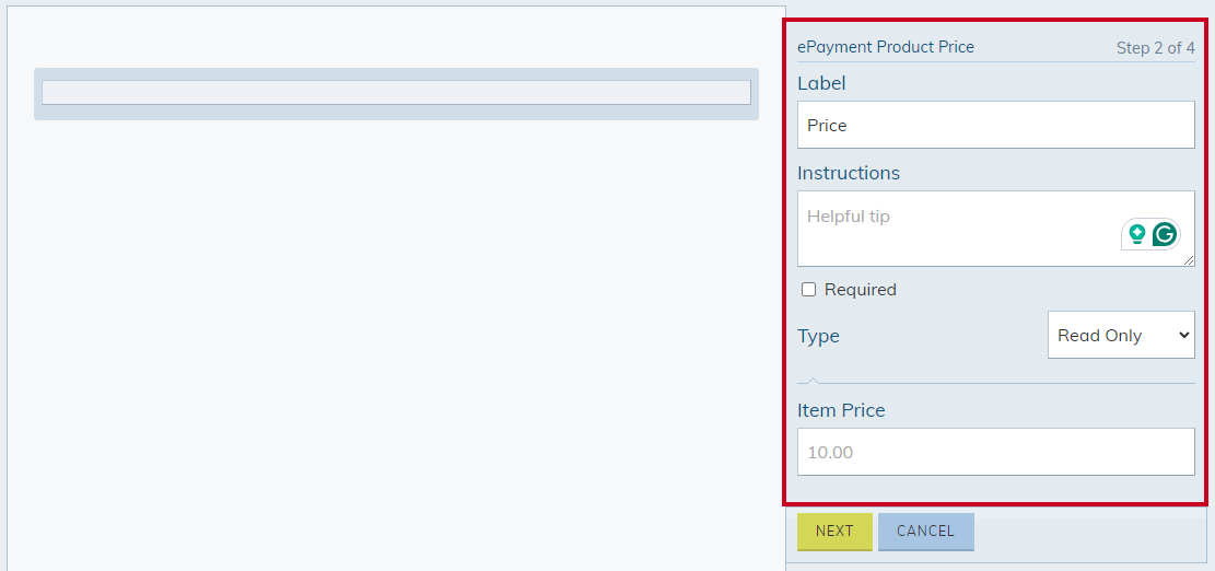 The ePayment Product Price's detail fields.