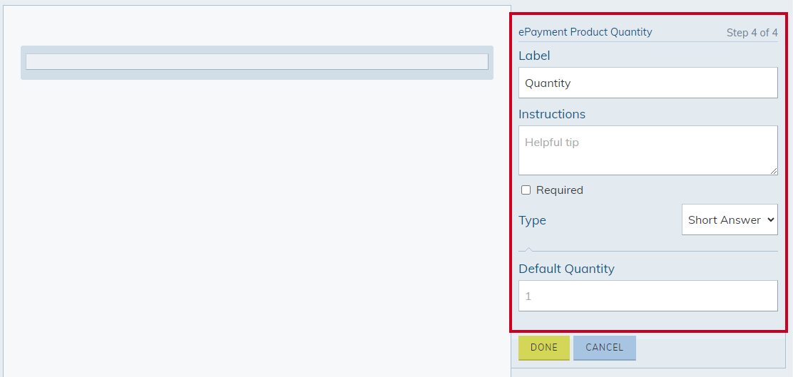 The ePayment Product Quantity detail fields.