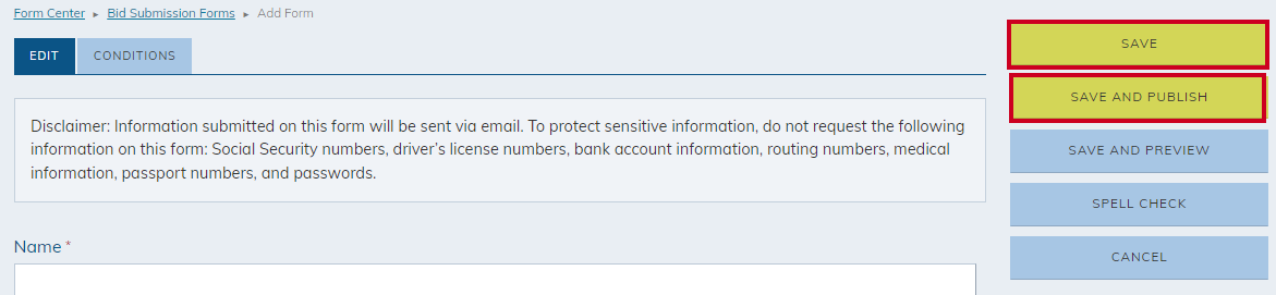 The form's save options.