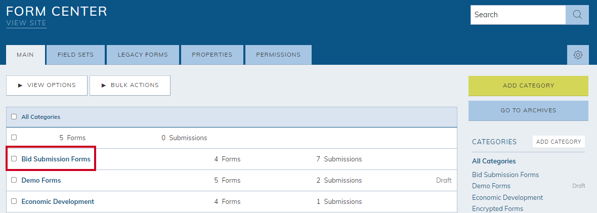 A list of the form center's categories.