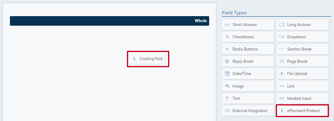 The ePayment Product field type being dragged to the form builder.