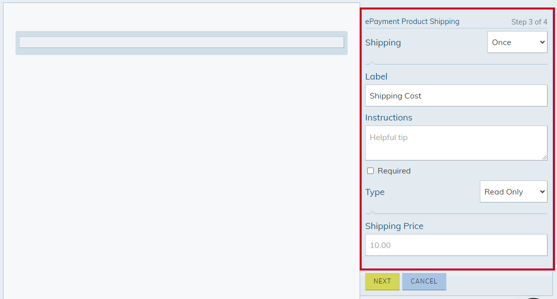 The ePayment Product's Shipping options.