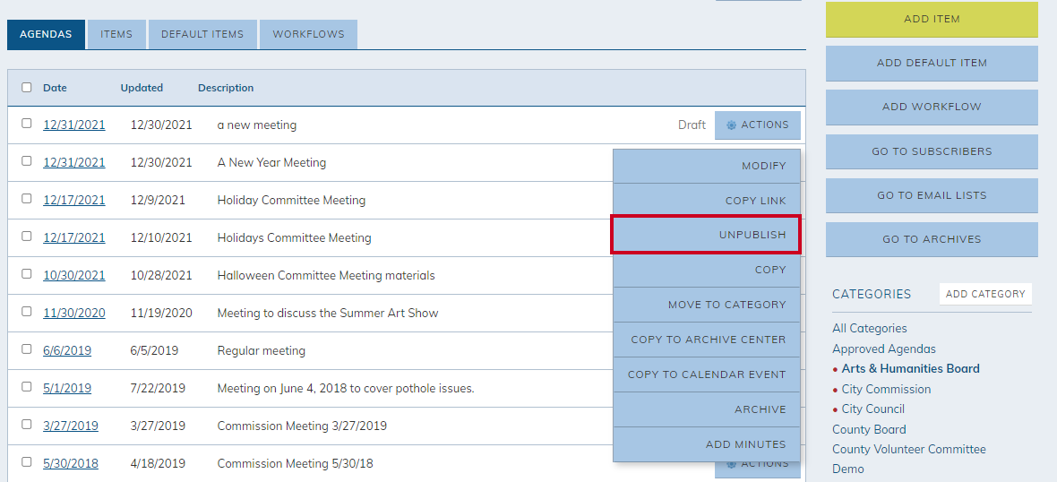 actions menu unpublish