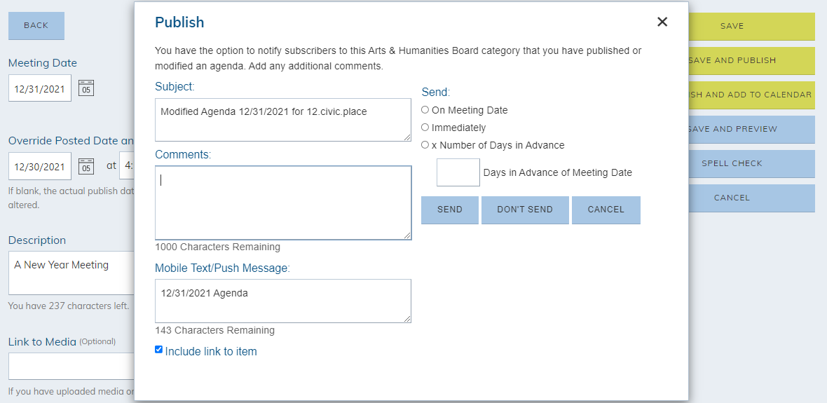 publish notification pop-up