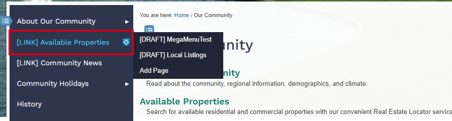 Hover over a page in left navigation to reveal subpages.