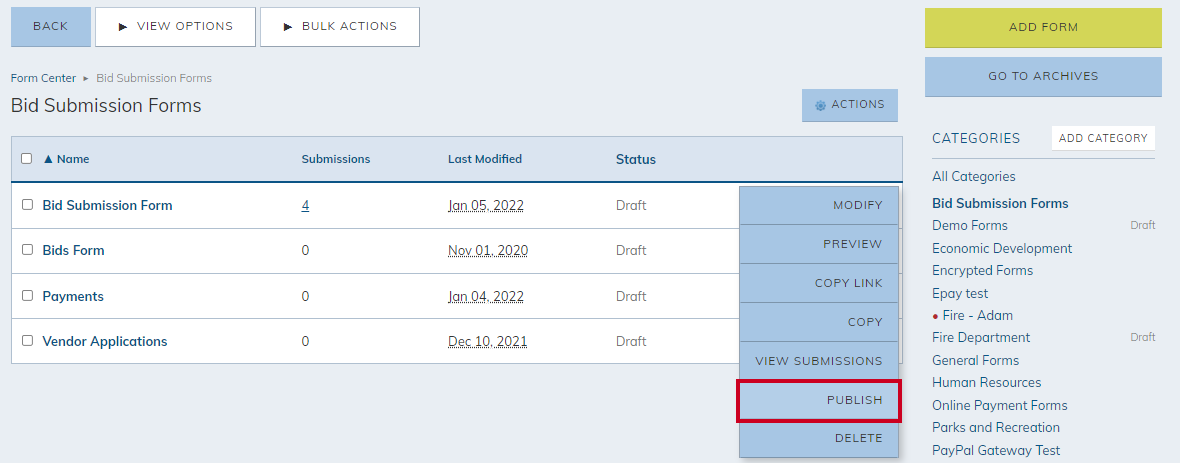 actions menu publish