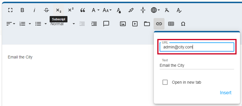 Web Central Editor Widget Insert Link Add Email to URL Field.
