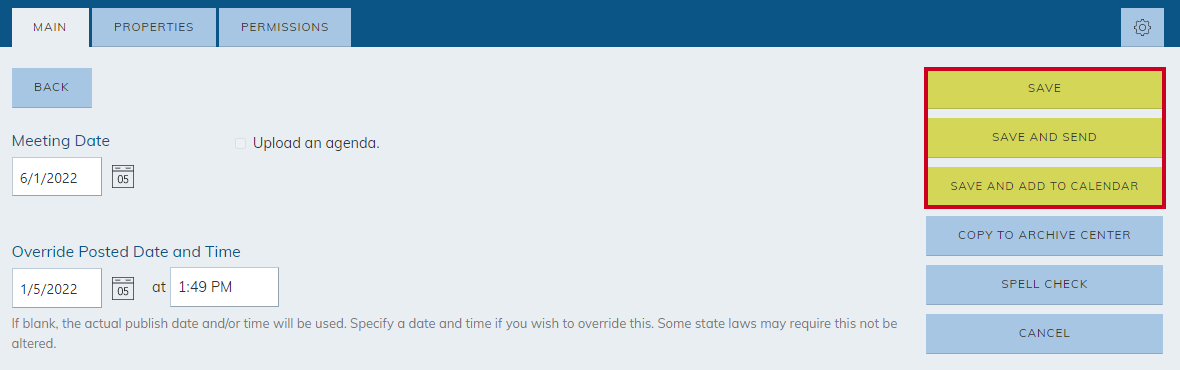 saving options (save, save and publish, or save and add to calendar)