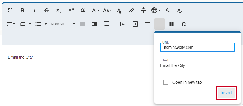 Web Central Editor Widget Insert Link Insert Button.