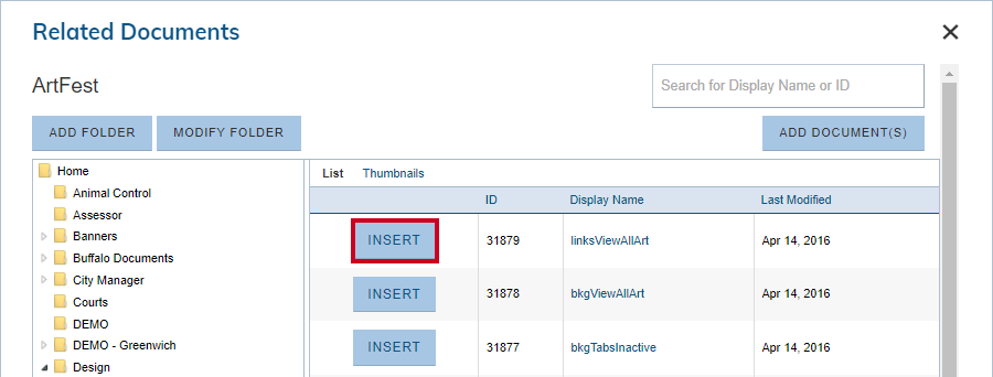 Web Central Editor Widget Insert Document Link Related Documents Dialog Box Insert Button.