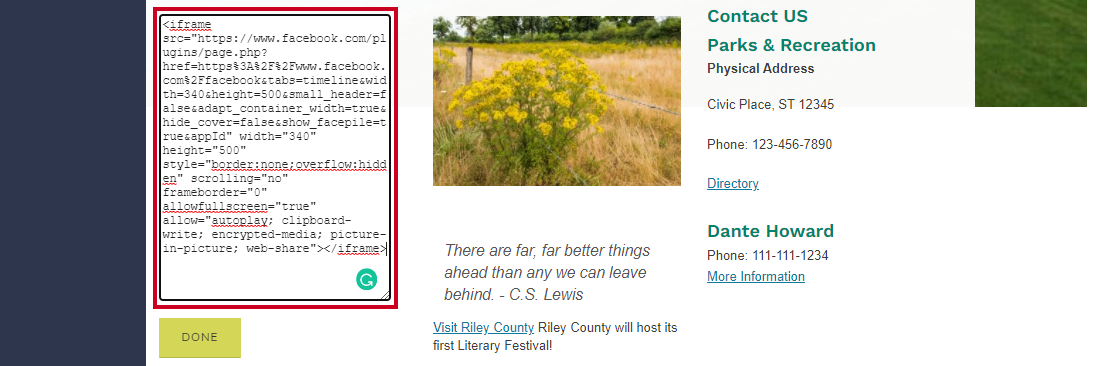 Custom HTML widget displaying the copied Facebook Page Plugin code.