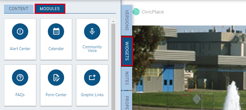 widgets tab with modules selected.