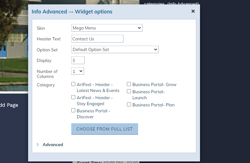 widget options pop-up.