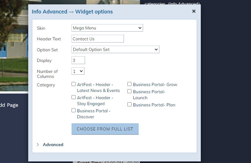 widget options pop-up