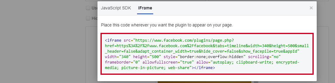 Facebook Page Plugin Generator Iframe tab displaying HTML code to be copied.