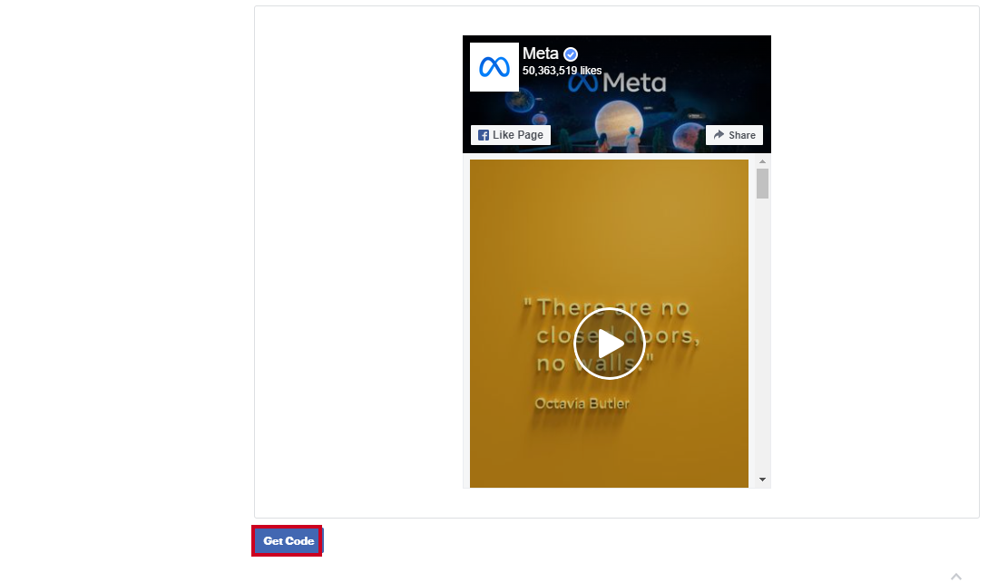 Facebook Page Plugin Generator get code button.