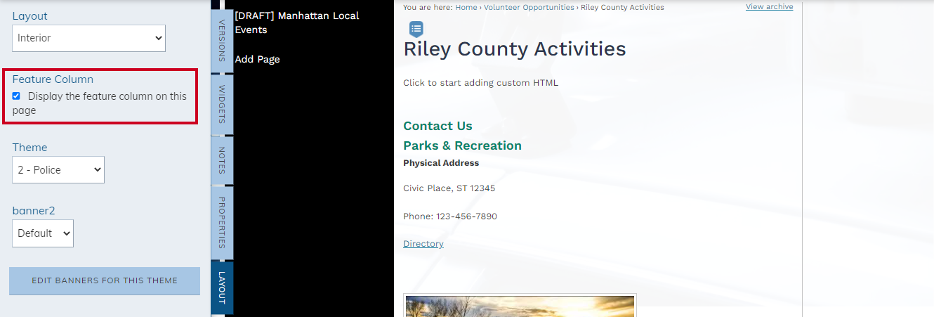 Display the Feature Column on this page checkbox.