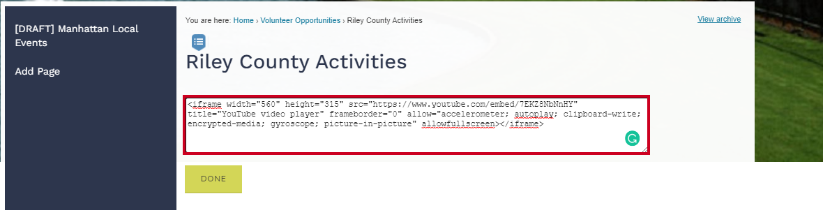 Custom HTML Widget with sample Video Embed code pasted in.
