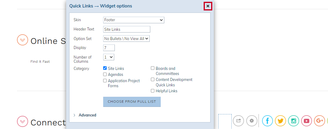 x to close and save options