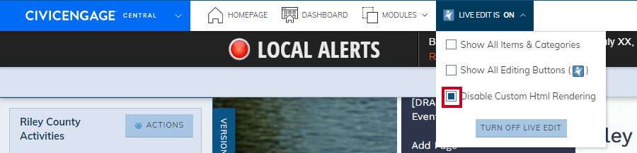 The Disable Custom HTML Rendering option of the Live Edit dropdown menu.