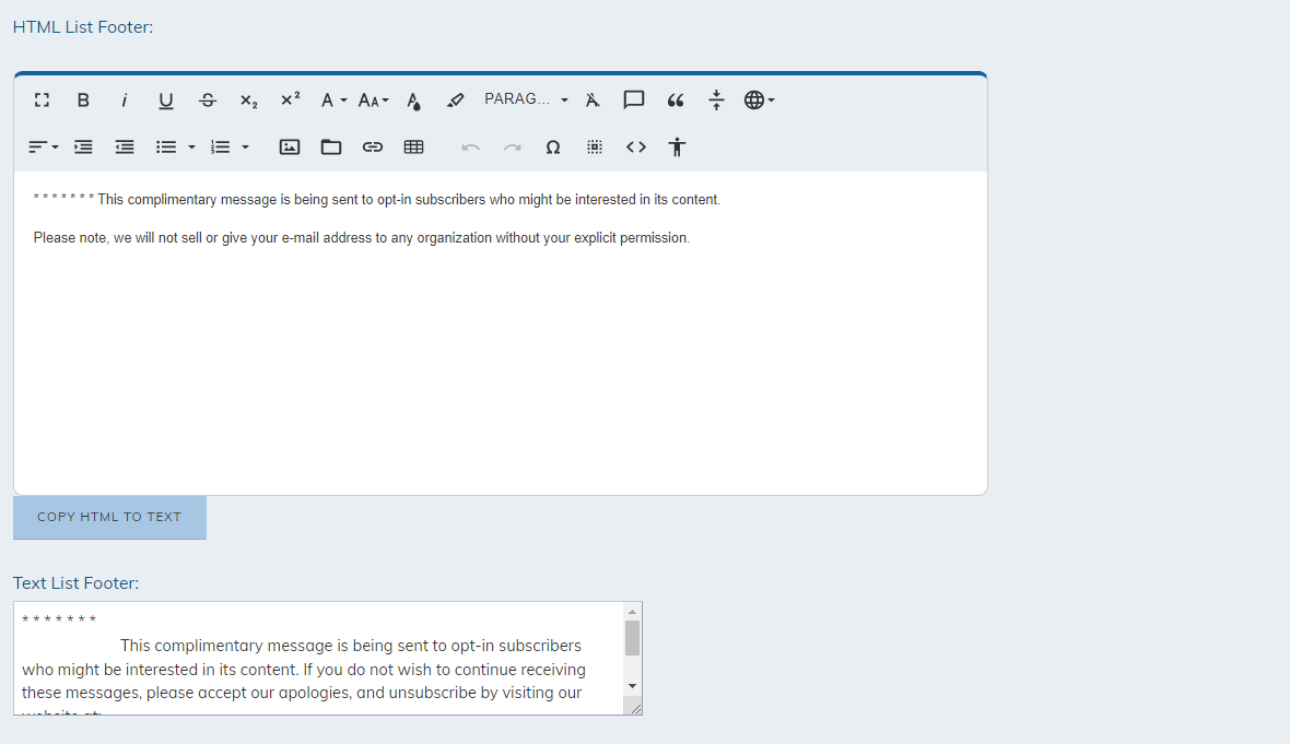 html list footer text editor