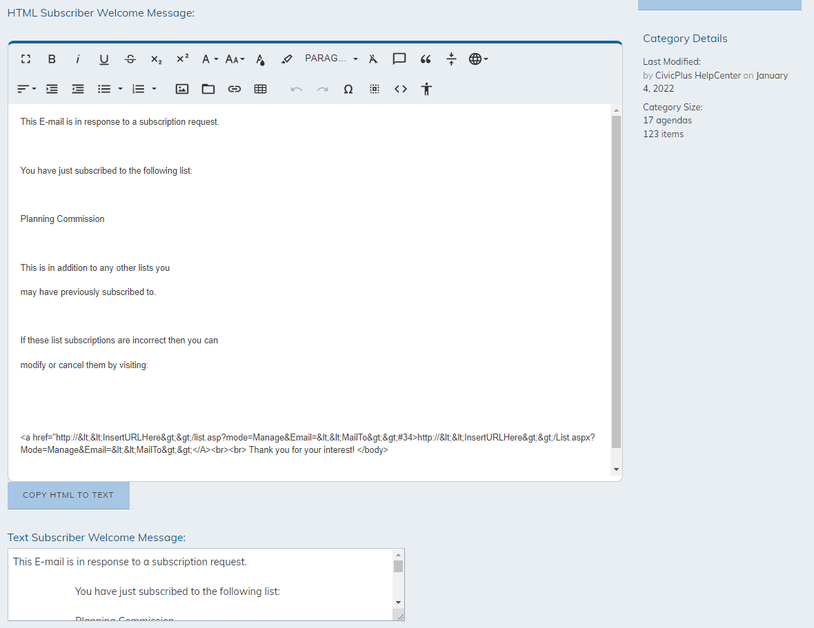 subscriber welcome message HTML text editor