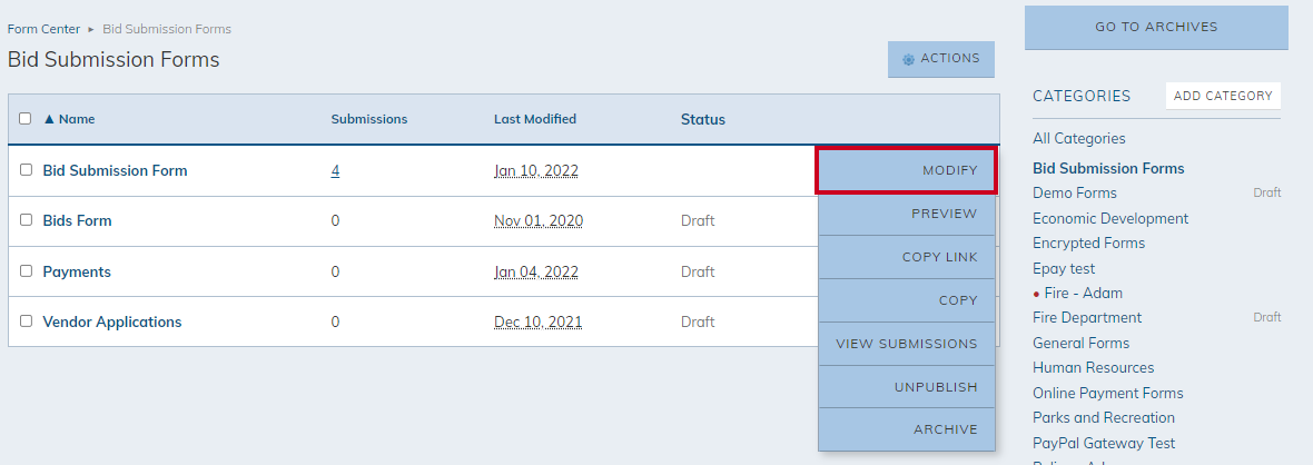 Modify option on actions menu.