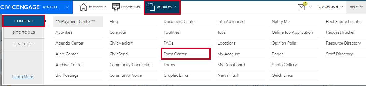 Navigate to Form Center