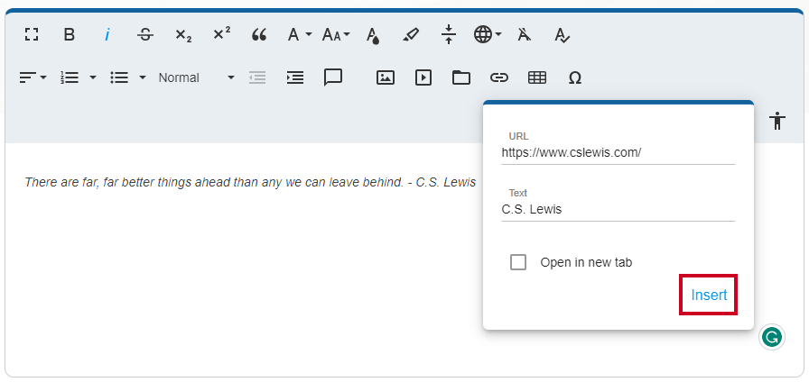 Finish inserting your link by clicking the Insert button in the Insert Link dialog box.