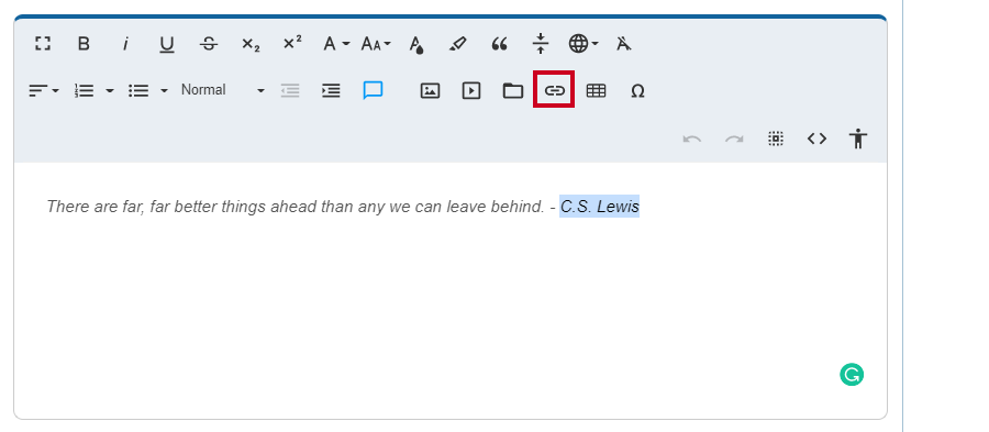 The Insert Link button on the toolbar will open a dialog box.