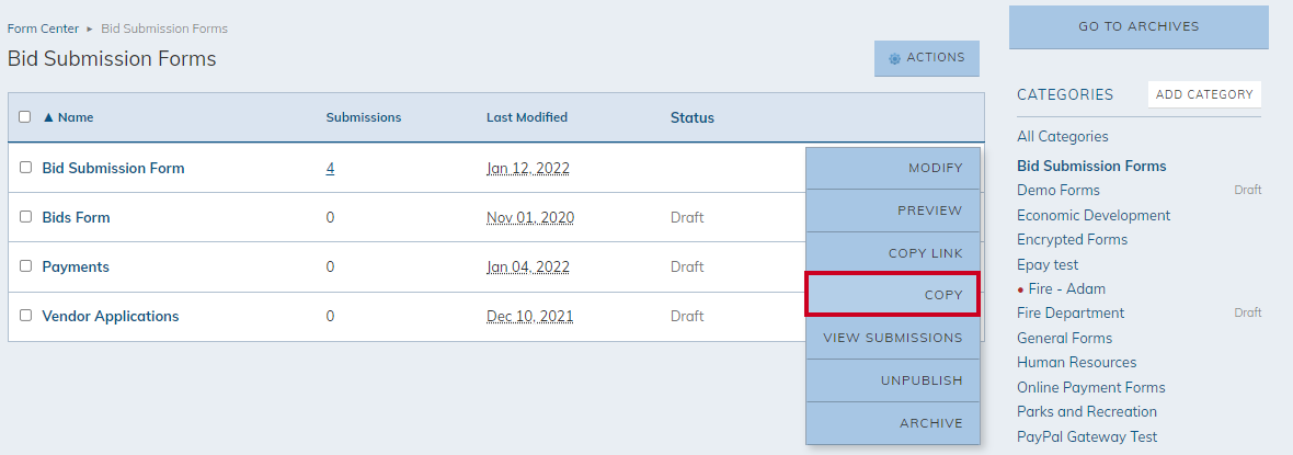 actions menu, copy