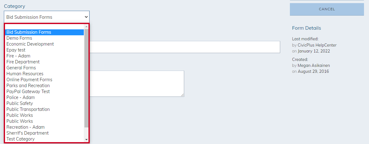 select a new category