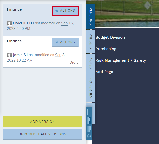 actions button on Versions tab of page.