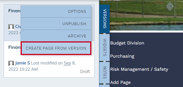 create page from version option under actions.