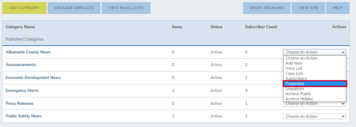 choose an action properties