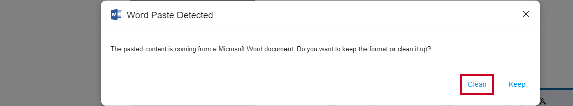 clean original formatting pop-up message