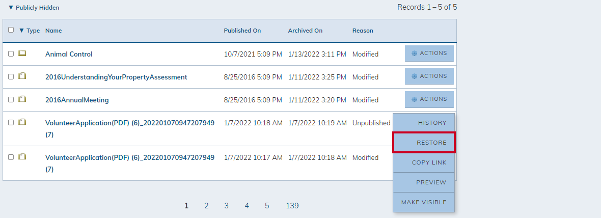 actions menu, restore