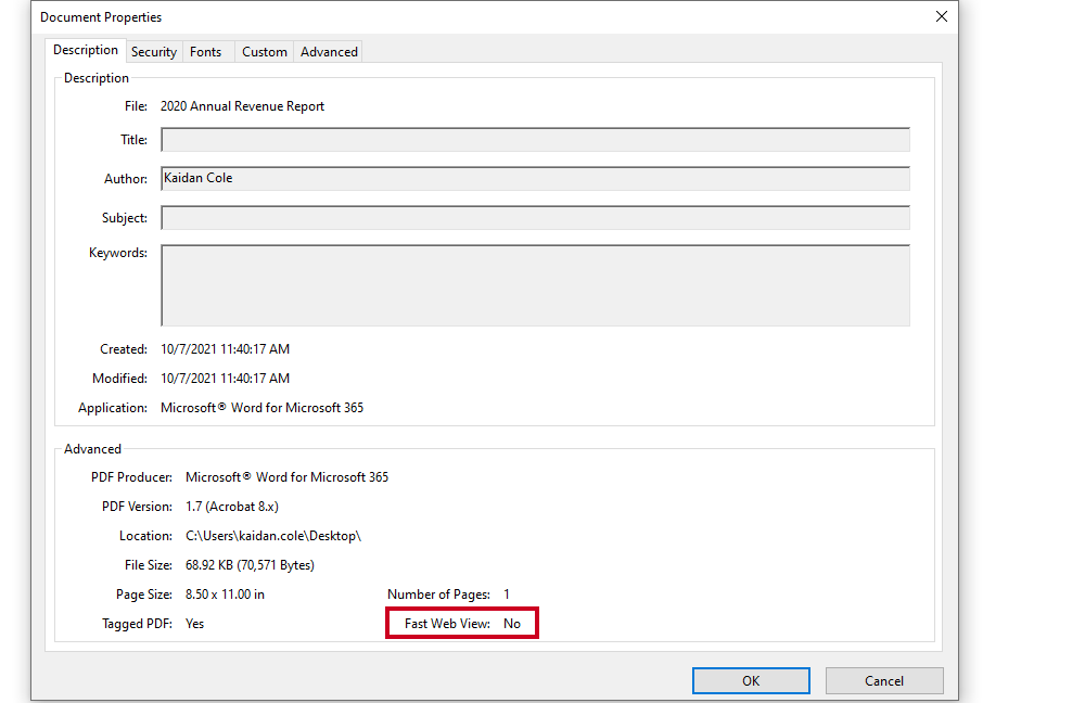 Adobe Acrobat Reader, Document Properties, Fast Web View Status.
