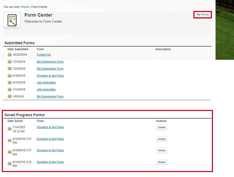 my forms button and saved progress forms section
