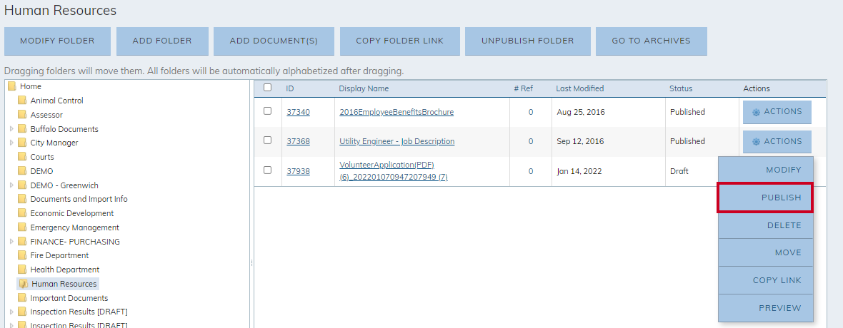actions menu, publish