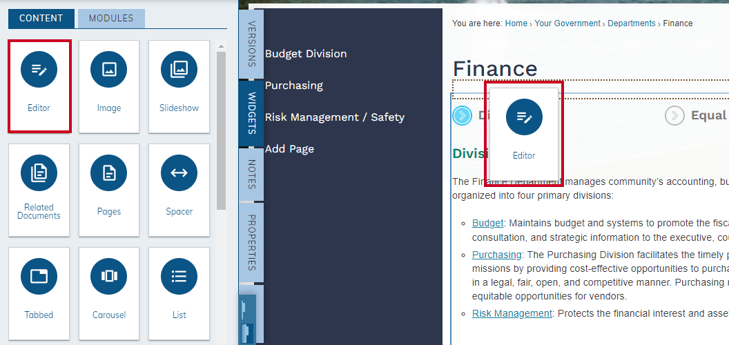 drag-and-drop widgets onto page.